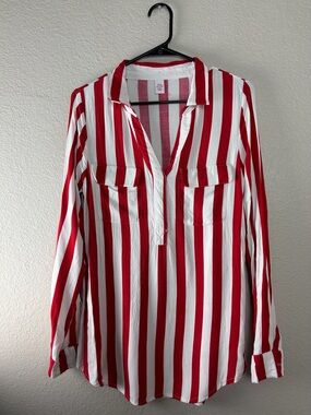 JW Style Red & White Striped long sleeve v-neck Blouse  M NC0050
